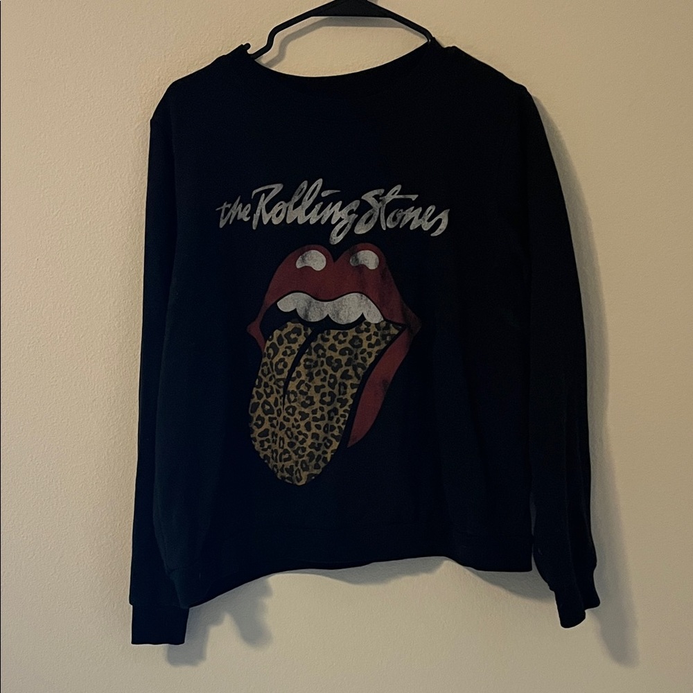 the Rolling Stones Black Sweatshirt with Leopard Tongue Graphic